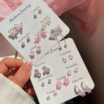 DAIIIBABYYY  -  Summer New Shiny Pink Flower Cherry Butterfly Star Pearl Stud Earrings Set for Women Girls One Week Korean Fashion Jewelry Gift